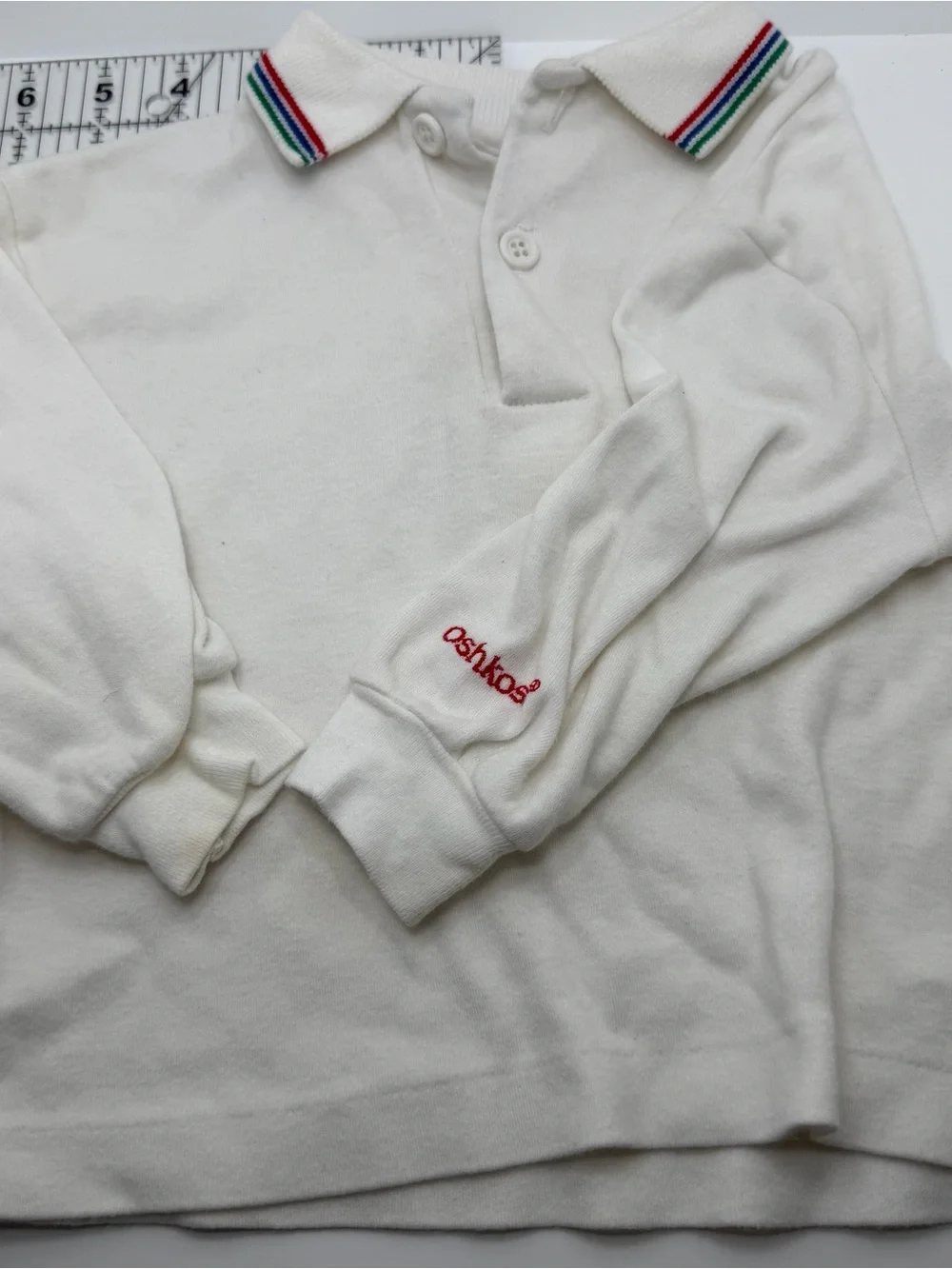 Vintage OshKosh B'gosh White Long-Sleeve Polo Shirt with Stripe Collar